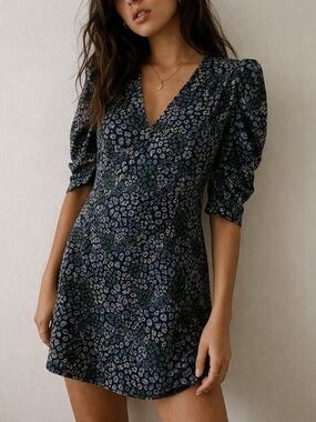 See by Chloe Floral Puff Sleeve‎ Shift Mini Dress Blue Green XS Feminine Cottage